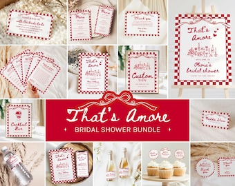 May include: A selection of red and white checkered bridal shower stationery featuring the words "That's Amore." The bundle includes menu cards, thank you notes, recipe cards, and signs. The design uses a red and white colour scheme with decorative elements.