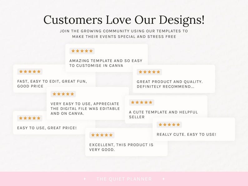 May include: Image featuring customer reviews with five-star ratings. Text includes "Customers Love Our Designs!" and phrases like "Amazing template," "Easy to edit," and "Great product." The Quiet Planner logo is at the bottom.