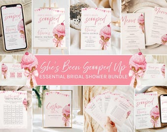Può includere: Una collezione di articoli di cancelleria rosa e bianca per un addio al nubilato. I disegni includono una grafica a cono gelato con il testo "She's Been Scooped Up" e "Olivia's Bridal Shower". Include inviti, menu e giochi.
