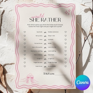Would She Rather Game, Would the Bride Rather, How Well Do You Know the Bride, Bridal Shower Trivia Party Game, Wedding Shower Edit on Canva