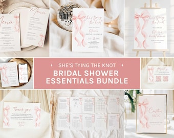 May include: A collection of bridal shower essentials, including menus, invitations, and signage. The items feature a soft pink bow and ribbon design with the text "She's Tying the Knot". The bundle includes a variety of cards and a custom sign.