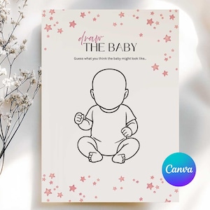 Babyshower Draw the Baby Girl Game Card, spel Guess the Baby, roze babyshowerspel, sjabloon ideeën babyshower, bewerken in canva