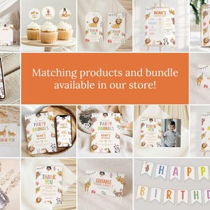 Puede incluir: Una colecci&oacute;n de art&iacute;culos para fiestas con tem&aacute;tica de animales de la jungla. Los art&iacute;culos incluyen invitaciones, adornos para cupcakes, letreros y pancartas. Se muestra el texto "Matching products and bundle available in our store!"