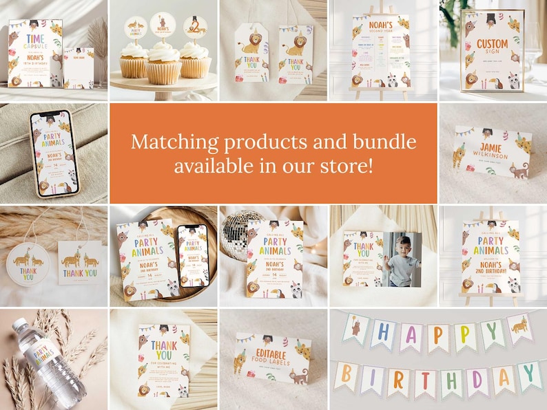 Puede incluir: Una colecci&oacute;n de art&iacute;culos para fiestas con tem&aacute;tica de animales de la jungla. Los art&iacute;culos incluyen invitaciones, adornos para cupcakes, letreros y pancartas. Se muestra el texto "Matching products and bundle available in our store!"