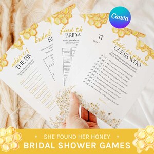 May include: A collection of bridal shower games with a honeycomb design. The games include "Advice for the Bride," "Find the BRIDA," and "Guess Who." The text "She Found Her Honey" and "Bridal Shower Games" are also visible.