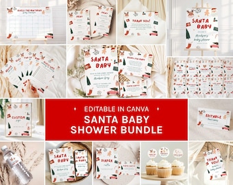 May include: A collection of Santa Baby shower printables with a red and white theme. Includes invitations, games, and decorations. The text "SANTA BABY SHOWER BUNDLE" is displayed in red. The designs feature Christmas elements.