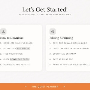 Puede incluir: Un gr&aacute;fico con el texto "Let's Get Started!" e instrucciones sobre c&oacute;mo descargar e imprimir plantillas. Las instrucciones se dividen en secciones "How to Download" y "Editing & Printing", con pasos numerados.