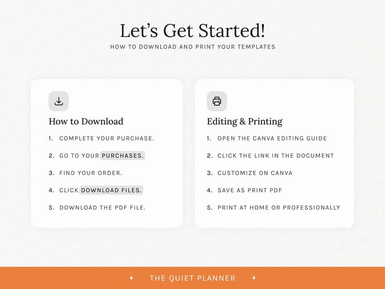 Puede incluir: Un gr&aacute;fico con el texto "Let's Get Started!" e instrucciones sobre c&oacute;mo descargar e imprimir plantillas. Las instrucciones se dividen en secciones "How to Download" y "Editing & Printing", con pasos numerados.