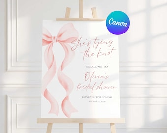She's Tying the Knot Bridal Shower Welcome Sign, Editable Pink Bow Shower Sign, Edit in Canva