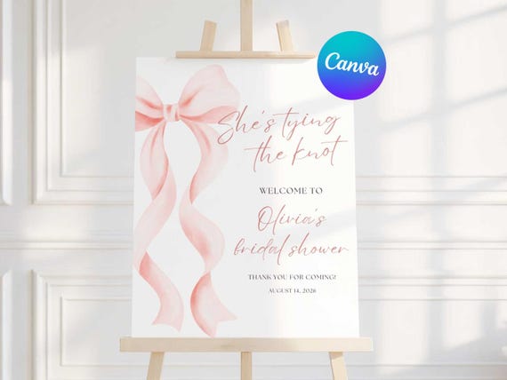 She's Tying the Knot Bridal Shower Welcome Sign, Editable Pink Bow Shower Sign, Edit in Canva