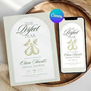 Puede incluir: Una invitación a una despedida de soltera y un teléfono inteligente que muestra el mismo diseño. La invitación y la pantalla del teléfono muestran el texto "The Perfect Pear" con ilustraciones de peras. La invitación incluye detalles del evento.