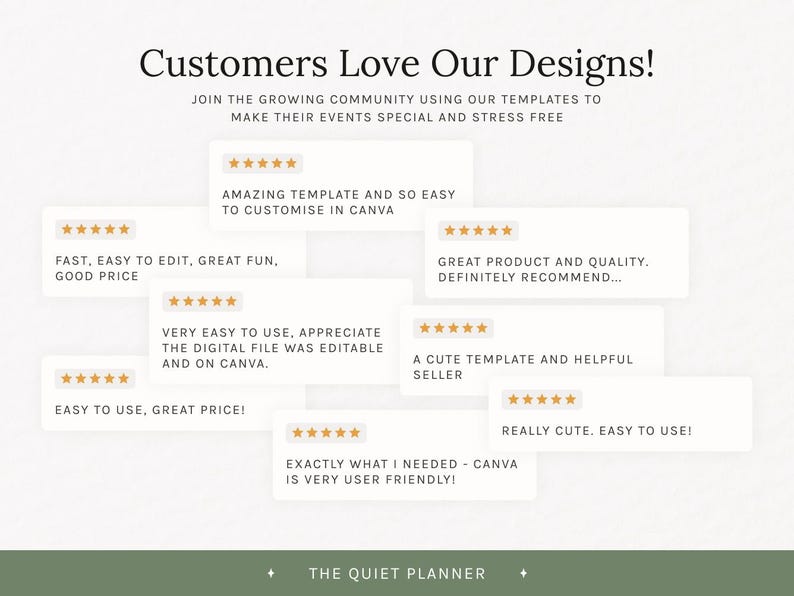 May include: A promotional graphic with the text "Customers Love Our Designs!" and customer reviews. The reviews are in white boxes with gold star ratings. The bottom of the graphic has the text "THE QUIET PLANNER".