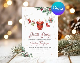 May include: A Christmas-themed baby shower invitation with the text "Santa Baby." The invitation features watercolor illustrations of baby clothes and Christmas decorations hanging on a clothesline. The invitation is for Maddy Tomlinson.