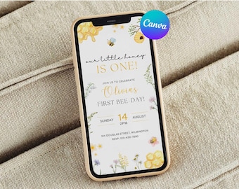First Bee Day 1st Birthday Digital Mobile Invite, Editable in Canva (Digital Download)