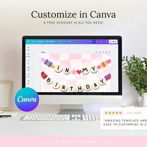 May include: A computer monitor displays a birthday-themed design with the text "IN MY BIRTHDAY." The screen shows a banner with colorful hearts and circles. The Canva logo is visible. Text at the top says "Customize in Canva" and "A FREE ACCOUNT IS ALL YOU NEED!"