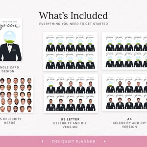 Puede incluir: Un juego de boda con el texto "&iquest;Qui&eacute;n tiene al novio?" incluye un dise&ntilde;o de tarjeta &uacute;nica, m&uacute;ltiples tarjetas con ilustraciones de esmoquin y retratos de celebridades. El juego est&aacute; disponible en tama&ntilde;os US Letter y A4.