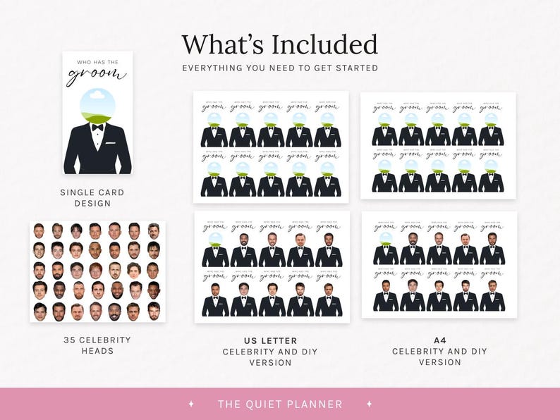 Puede incluir: Un juego de boda con el texto "&iquest;Qui&eacute;n tiene al novio?" incluye un dise&ntilde;o de tarjeta &uacute;nica, m&uacute;ltiples tarjetas con ilustraciones de esmoquin y retratos de celebridades. El juego est&aacute; disponible en tama&ntilde;os US Letter y A4.