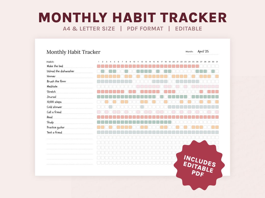 Monthly Habit Tracker, Printable Daily Habit Tracker Template, Routine ...