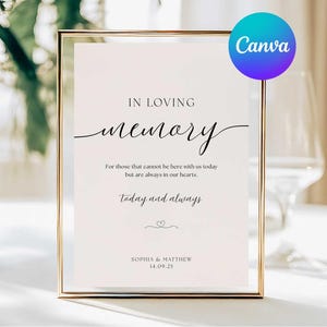Può includere: Un cartello incorniciato con le parole "IN LOVING memory" in elegante scrittura. Il cartello include il testo "Per coloro che non possono essere qui con noi oggi ma sono sempre nei nostri cuori. oggi e sempre." I nomi Sophia & Matthew e la data 14.09.25 sono in basso.