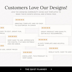 May include: A white graphic with the text "Customers Love Our Designs!" and customer reviews. The reviews are in white boxes with gold star ratings and phrases like "Amazing template" and "Easy to use, great price!"