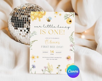 First Bee Day First Birthday Invite, Flowers Bee 1st Birthday Invitation, Little Honey Bee Day Birthday, Floral Bumblebee, Edit in Canva
