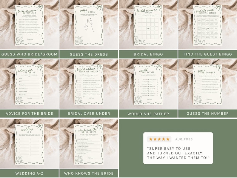 Op de afbeelding: Een verzameling afdrukbare bruidsdouchespellen op cr&egrave;mekleurige kaarten met decoratieve randen. Spellen zijn onder meer "Raad Wie Bruid/Bruidegom", "Raad de Jurk", "Bruidsbingo" en "Vind de Gast Bingo". De kaarten liggen op stof.