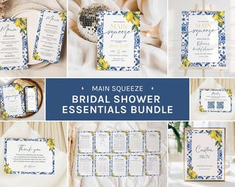 May include: A selection of bridal shower stationery with a lemon and blue tile design. The bundle includes menus, invitations, welcome signs, thank you cards, and game cards. The text "Main Squeeze" is featured.