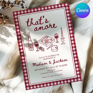 That&#39;s Amore Gingham Engagement Party Invite, Italian Engagement Party Invite Template, Whimsical Hand Drawn That’s Amore Invite, Edit Canva
