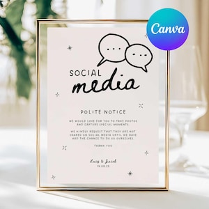 May include: A framed sign with the words "SOCIAL media" in black script, above a "Polite Notice" and text requesting guests to refrain from posting photos on social media. The sign is in a gold frame with a Canva logo.