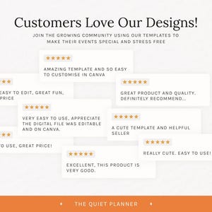 Puede incluir: Imagen con rese&ntilde;as de clientes para plantillas digitales. El texto dice "Customers Love Our Designs!" con varias rese&ntilde;as de cinco estrellas que destacan la facilidad de uso y la calidad. El logotipo de The Quiet Planner est&aacute; en la parte inferior.
