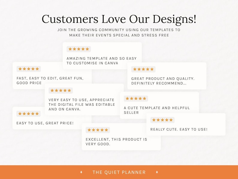 Puede incluir: Imagen con rese&ntilde;as de clientes para plantillas digitales. El texto dice "Customers Love Our Designs!" con varias rese&ntilde;as de cinco estrellas que destacan la facilidad de uso y la calidad. El logotipo de The Quiet Planner est&aacute; en la parte inferior.