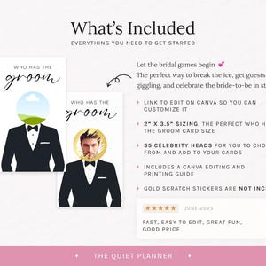 Puede incluir: Tarjetas de juego para despedida de soltera con el texto "Who Has The Groom". Las tarjetas presentan un dise&ntilde;o de esmoquin con un paisaje y una cabeza de celebridad. La imagen tambi&eacute;n incluye una lista de caracter&iacute;sticas y detalles.