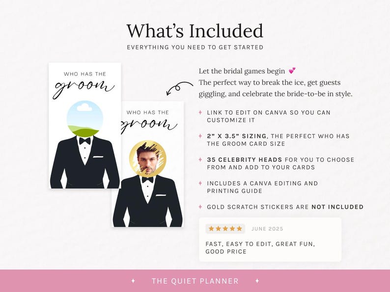 Puede incluir: Tarjetas de juego para despedida de soltera con el texto "Who Has The Groom". Las tarjetas presentan un dise&ntilde;o de esmoquin con un paisaje y una cabeza de celebridad. La imagen tambi&eacute;n incluye una lista de caracter&iacute;sticas y detalles.