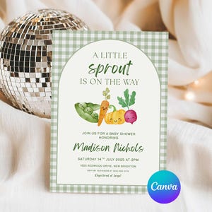 May include: Baby shower invitation with a green gingham border and the text "A Little Sprout Is On The Way." The invitation features watercolor illustrations of vegetables. The invitation is for Madison Nichols, Saturday, July 14th, 2025.