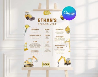 Construction Birthday Milestone Sign, Digger Truck Birthday Milestone Board, Birthday Milestone Poster Template