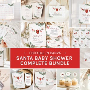Pode incluir: Um pacote completo do Santa Baby Shower com vários artigos de papelaria. O design apresenta um esquema de cores vermelho e verde com ilustrações de roupas de bebê e vegetação festiva. Inclui convites, cartões de agradecimento e mais.