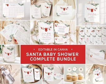 May include: A complete Santa Baby Shower bundle with various stationery items. The design features a red and green color scheme with illustrations of baby clothes and festive greenery. Includes invitations, thank you cards, and more.