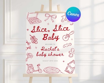 May include: A white sign on an easel with red illustrations and text. The text reads "Slice, Slice Baby" and welcomes guests to Rachel's baby shower on August 24th, 2025. Pizza-themed illustrations surround the text.