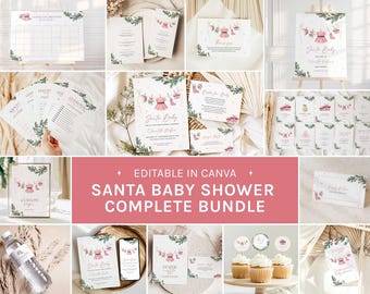 May include: A complete Santa Baby Shower bundle with various stationery items. The design features pink baby clothes hanging on a clothesline, with green foliage accents. Includes invitations, thank you cards, and cupcake toppers.
