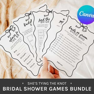 May include: A bundle of white bridal shower game cards with black text and decorative bow accents. Games include "Advice for the Bride," "Bridal B," "Find the Bride," "Guess Who," and a drawing game. The text "She's Tying the Knot" and "Bridal Shower Games Bundle" are at the bottom.