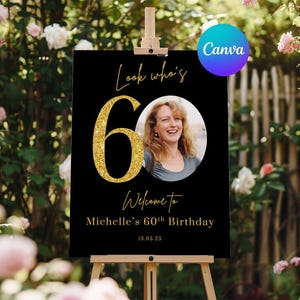 60th Birthday Welcome Sign, 60th Sparkly Party Welcome Sign, 60th Birthday Golden Sign, Sixtieth Birthday Welcome Sign Template, Editable