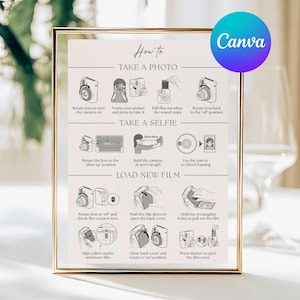 Könnte beinhalten: Gerahmter Druck mit Anweisungen zum Fotografieren, Selfies machen und neues Filmmaterial einlegen. Der Druck hat einen goldenen Rahmen und ein Canva-Logo. Die Anweisungen sind mit Strichzeichnungen illustriert.