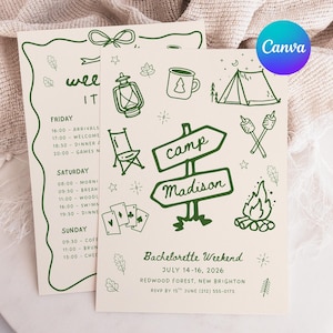 Camp Bachelorette Invitation & Itinerary: Whimsical Girls Weekend, Editable Canva (Digital Download)