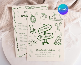 Camp Bachelorette Invitation & Itinerary: Whimsical Girls Weekend, Editable Canva (Digital Download)