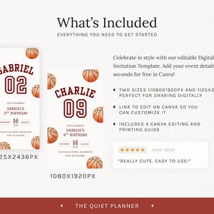 May include: Digital basketball-themed birthday invitation templates. The design features basketball illustrations and text, including names and ages. Two sizes are available: 1080x1920px and 1125x2436px. The text includes "What's Included" and "Really cute. Easy to use!"