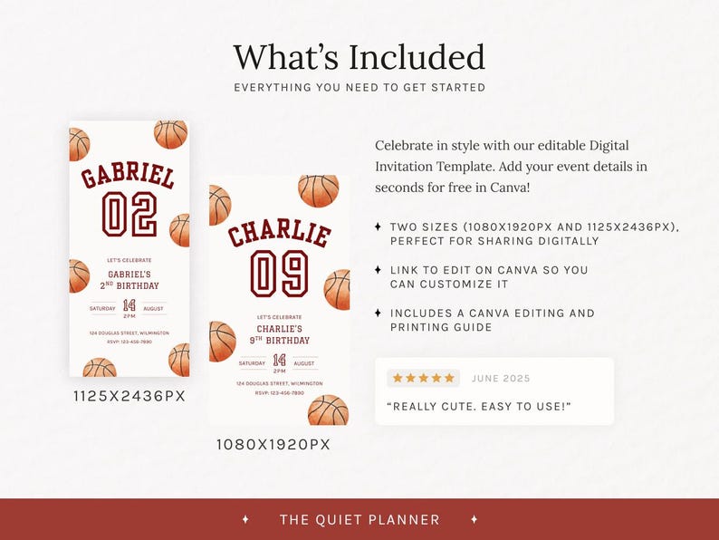 May include: Digital basketball-themed birthday invitation templates. The design features basketball illustrations and text, including names and ages. Two sizes are available: 1080x1920px and 1125x2436px. The text includes "What's Included" and "Really cute. Easy to use!"