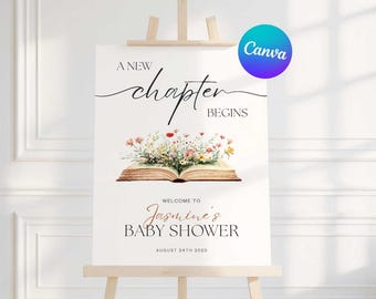 A New Chapter Storybook Baby Shower Welcome Sign, Book Themed Editable Shower Sign, Edit in Canva