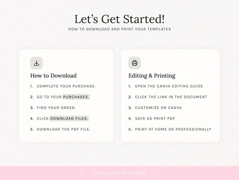 May include: A graphic with instructions on how to download and print templates. The text reads "Let's Get Started!" and includes steps for downloading and editing, with the logo of "The Quiet Planner" at the bottom.
