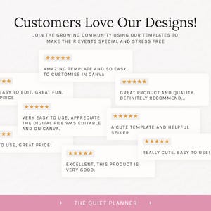 Puede incluir: Gr&aacute;fico con rese&ntilde;as de clientes, con texto como "&iexcl;A los clientes les encantan nuestros dise&ntilde;os!" y "Plantilla incre&iacute;ble y muy f&aacute;cil de personalizar en Canva". Las rese&ntilde;as se muestran en rect&aacute;ngulos color crema con valoraciones de estrellas doradas.