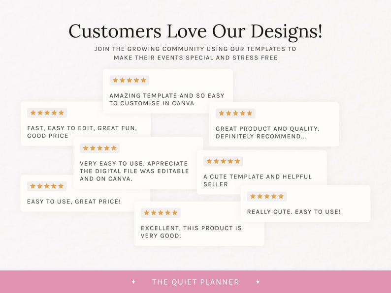Puede incluir: Gr&aacute;fico con rese&ntilde;as de clientes, con texto como "&iexcl;A los clientes les encantan nuestros dise&ntilde;os!" y "Plantilla incre&iacute;ble y muy f&aacute;cil de personalizar en Canva". Las rese&ntilde;as se muestran en rect&aacute;ngulos color crema con valoraciones de estrellas doradas.